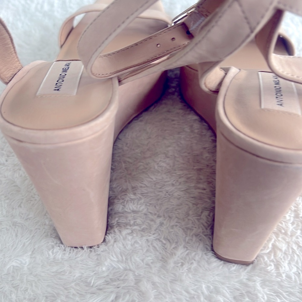 Antonio Melani Sz 9 Nude Beige Leather Open Toe High 4.5” High Heel Sandals NWT - Picture 15 of 16